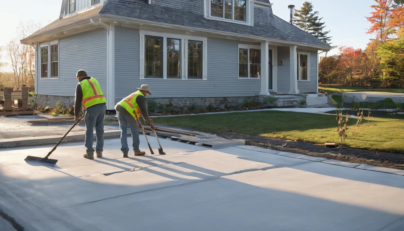A fresh concrete driveway with a smooth broom finish beside a Cape Cod style home in Dublin